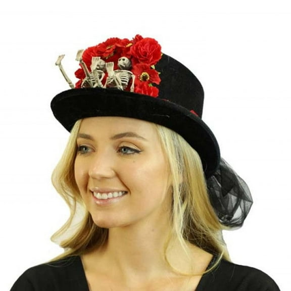 Day of the Dead Skeleton Couple Adult Costume Top Hat with Red Roses