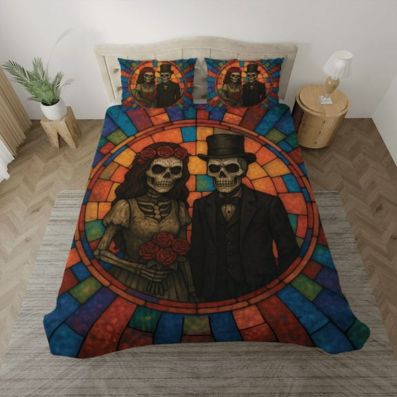 Day of the Dead Skeleton Couple Bedding Set – Gothic Stained Glass Style Duvet Cover with Pillowcases – Halloween Bedroom Décor
