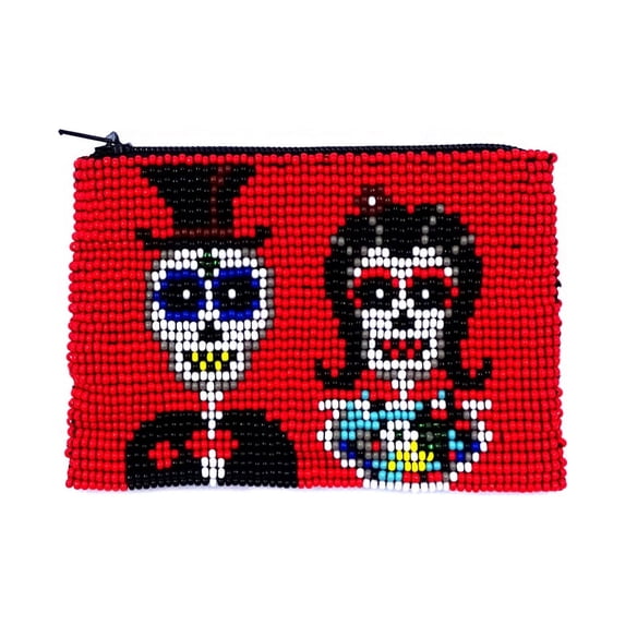 Day of the Dead Skeleton Couple Czech Glass Seed Beaded Coin Purse Zipper Pouch - Womens Fashion Handmade Bags Themed Travel Accessories
