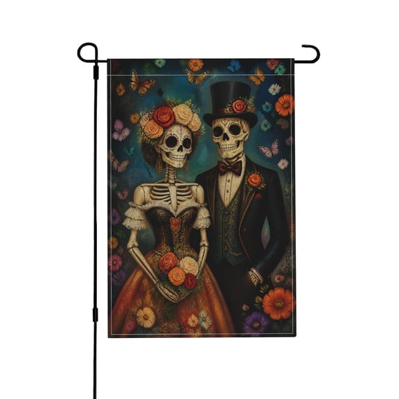 Day of the Dead Skeleton Couple Garden Flag Colorful Floral Outdoor Decor for Halloween and Autumn Yard 12x18 in