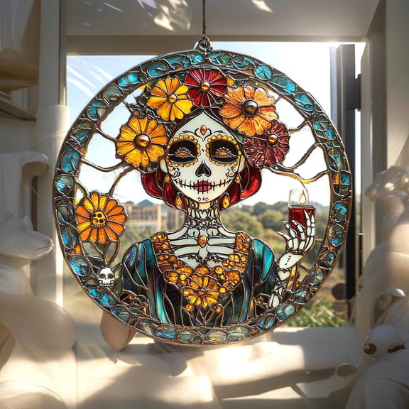 Day of the Dead Skeleton Woman Faux Stained Glass Acrylic Suncatcher, Floral Halloween Window Hanging, Spiritual Mexican Decor Gift For Her