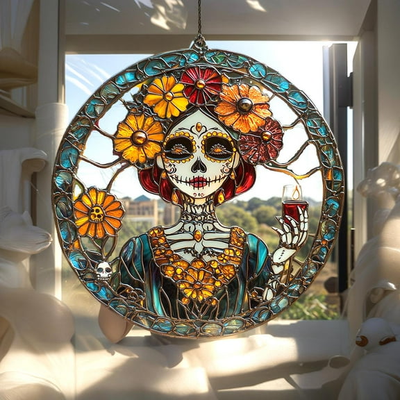 Day of the Dead Skeleton Woman Faux Wavy Acrylic Wavy Acrylic Suncatcher, Floral Halloween Window Hanging, Spiritual Mexican Decor Gift For Her