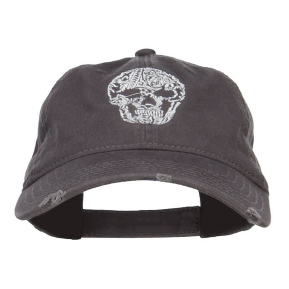 Day of the Dead Skull Embroidered Frayed Cap - Charcoal OSFM
