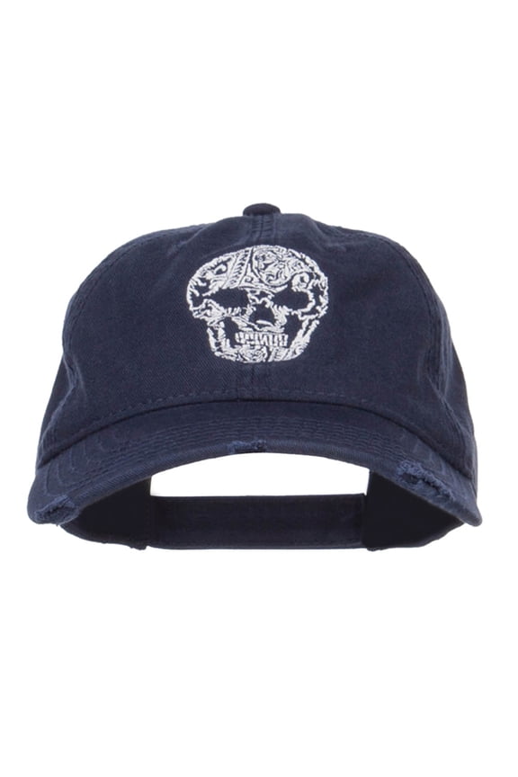 Day of the Dead Skull Embroidered Frayed Cap - Navy OSFM