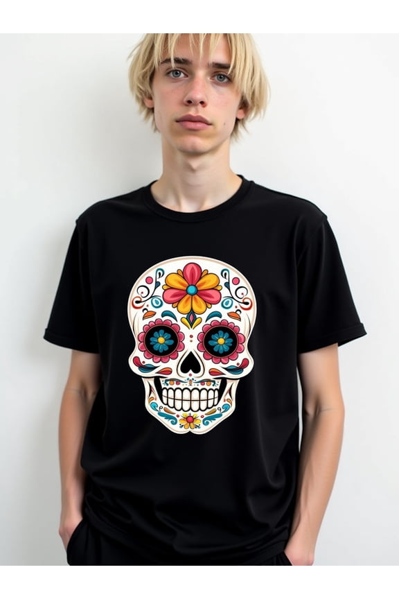 Day of the Dead Skull Tee Men graphic t shirts black casual gifts Fashionable summer T-shirt, machine washable Retro Unisex Shirt Cotton tshirts