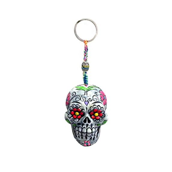 Day of the Dead Sugar Skull 3D Figurine Keychain Multicolored Macramé Metal Ring Handmade Gift Boho Car Bag Accessories