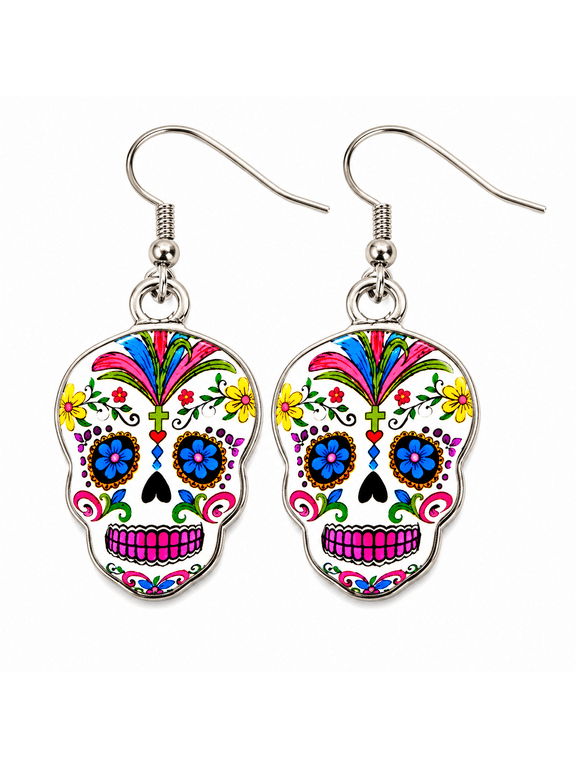 Day of the Dead Sugar Skull Earrings, Dangle Drop Jewelry | Day of the Dead Inspired Earrings