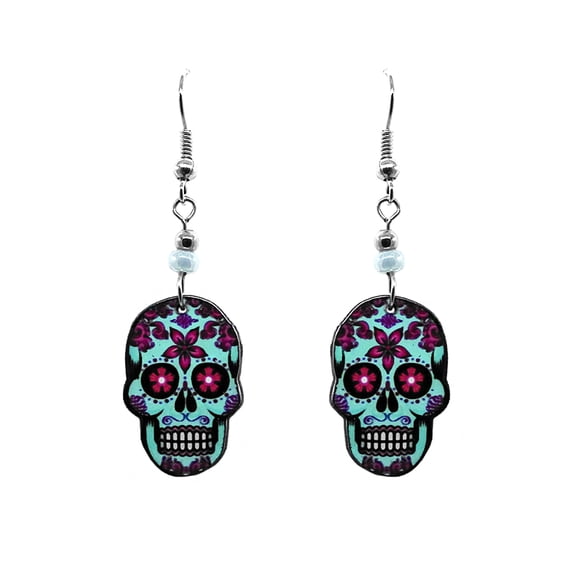 Day of the Dead Sugar Skull Holiday Graphic Dangle Earrings - Womens Fashion Handmade Jewelry Themed Accessories