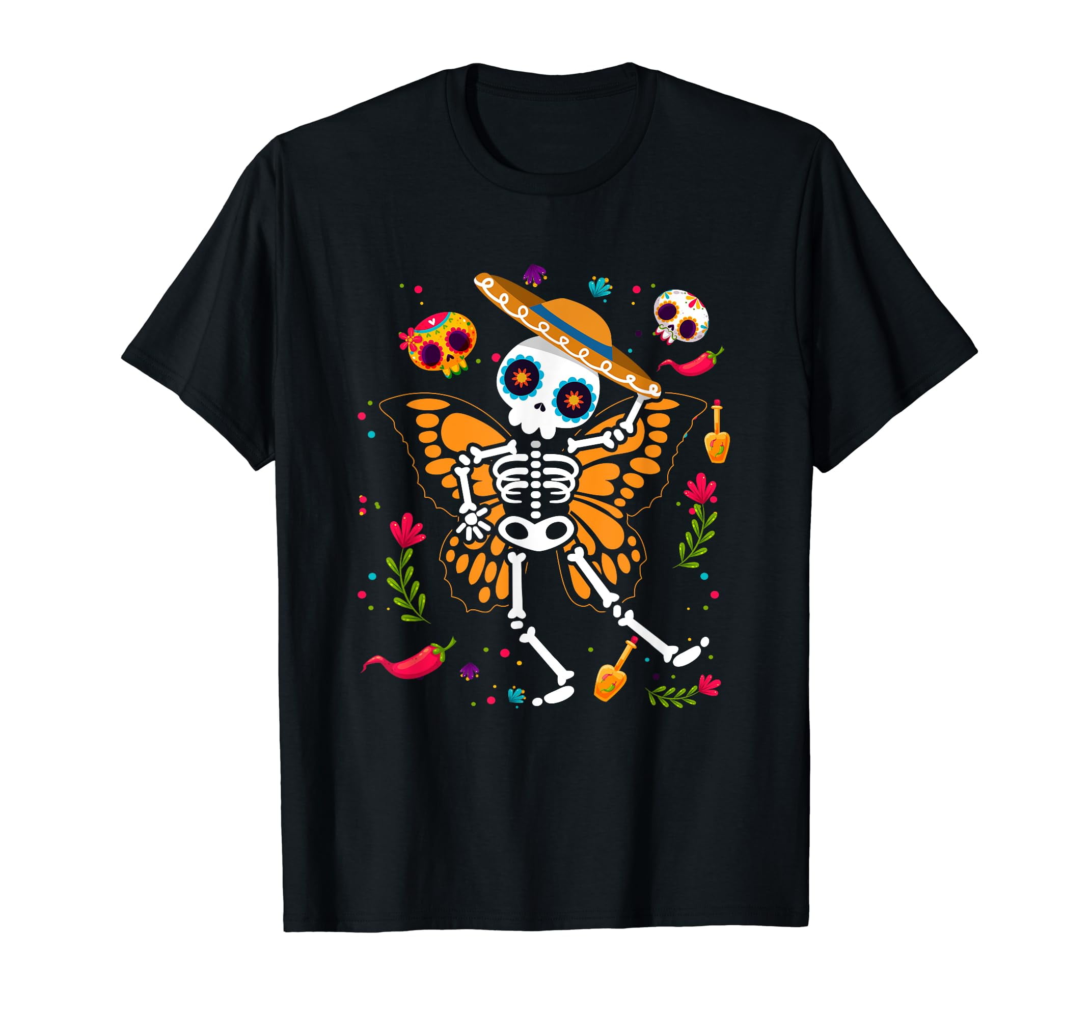 Day of the Dead Sugar Skull Skeleton Monarch Butterfly T-Shirt ...