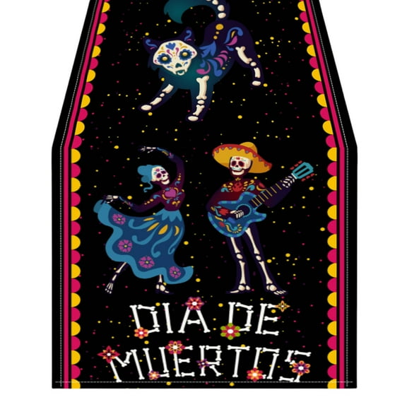 Day of the Dead Table Runners 13x72 Inch for Halloween, Tablecloth with Skulls, Mexican Party Table Decor for Holiday Festive Gatherings