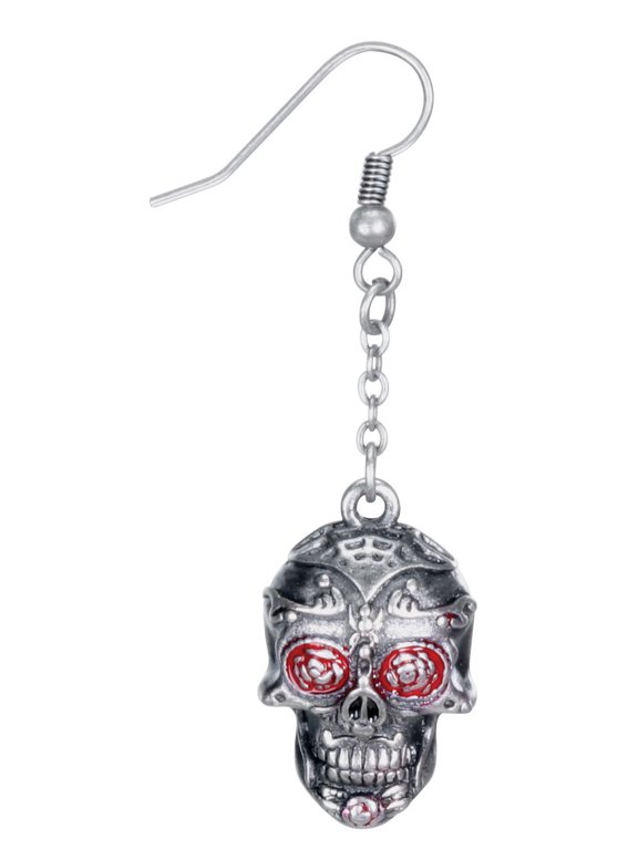 Day of the Dead Tattoo Skull Fish Hook Earrings, Red and Silver Color
