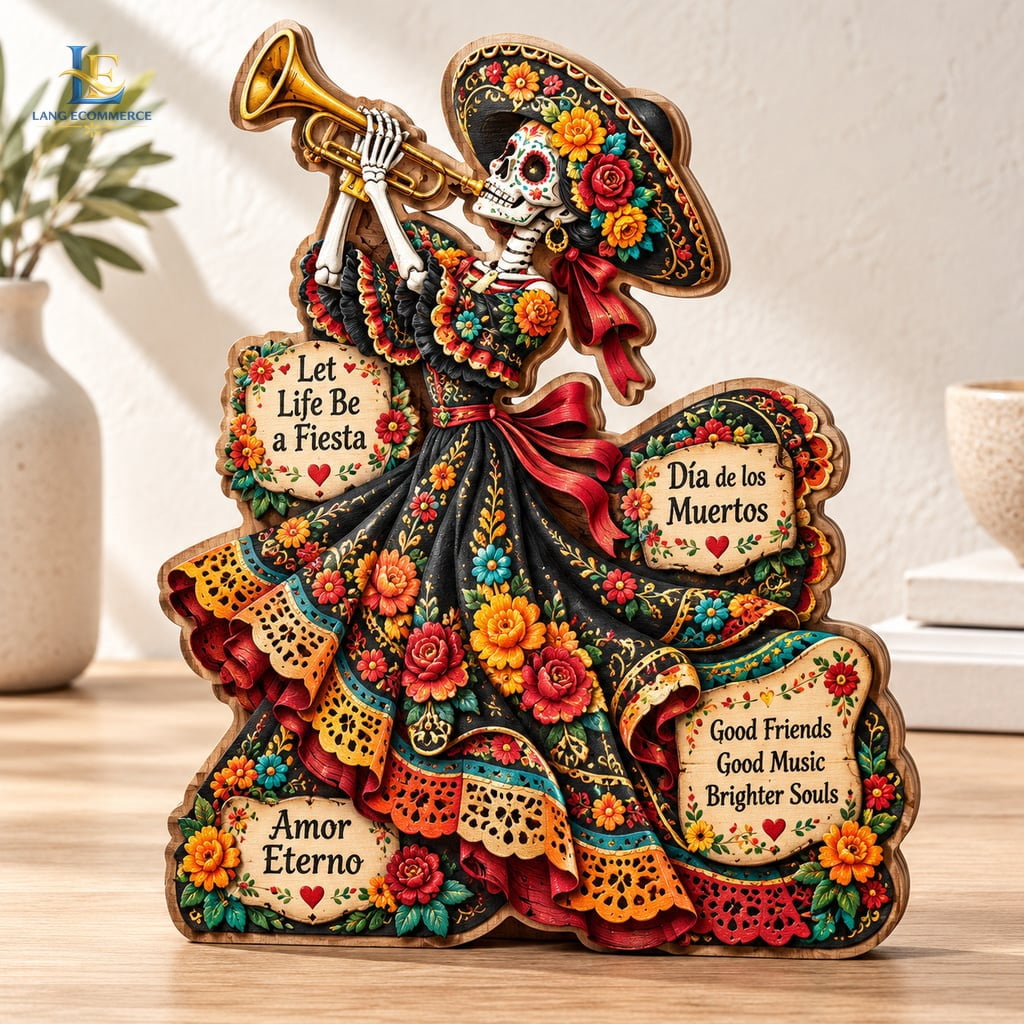 Day of the Dead Wooden Block, Mariachi Sugar Skull Mexican Folk Art ...