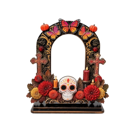 Day of the Dead Wooden Photo Frame Freestanding Tabletop Picture Holder with Skull Butterfly Floral Arch for Home Decor