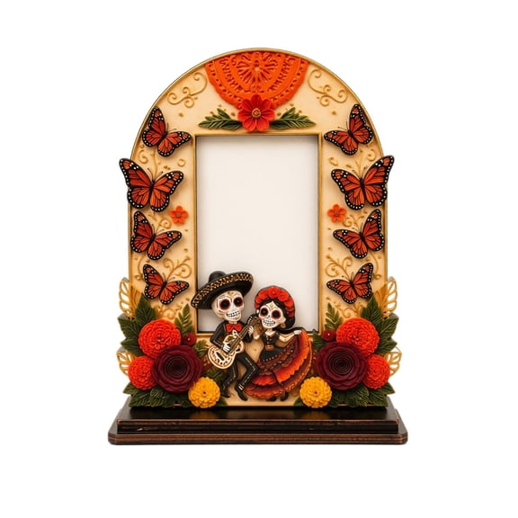 Day of the Dead Wooden Photo Frame Tabletop Decor Arch Shape Picture Holder with Floral Skull Butterfly Cutout Design