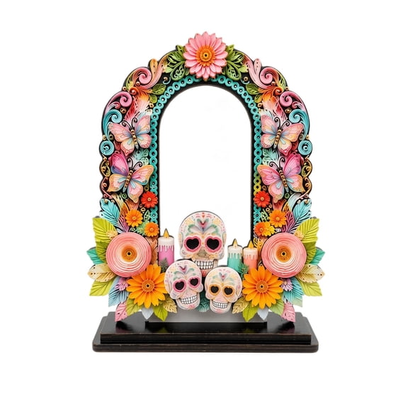 Day of the Dead Wooden Photo Frame Tabletop Decor Freestanding Picture Frame with Skull Floral Butterfly Arch Design