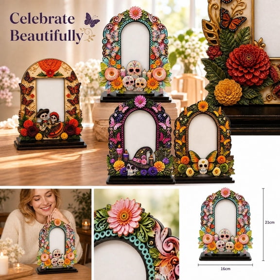 Day of the Dead Wooden Photo Frame Tabletop Decor Sugar Skull Floral Arched Display for Remembrance Altar