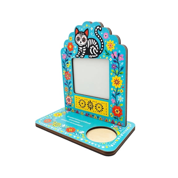 Day of the Dead Wooden Photo Frame and Tealight Holder Tabletop Altar Decor Freestanding Memorial Display Stand