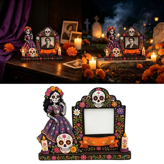 Day of the Dead Wooden Picture Frame, Mexican Sugar Skull Skeleton Photo Holder, Día De Los Muertos Tabletop Altar Memorial Home Decoration
