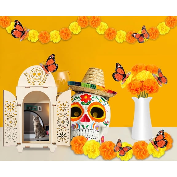 Day of the Dead Wooden Shadow Box Altar Decor with Marigold Butterfly Candle 51Pcs Set