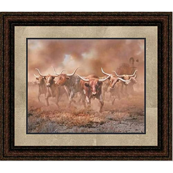 Day of the Horns | Western Framed Longhorn Art in Double Mat | 21L X 25W" Inches