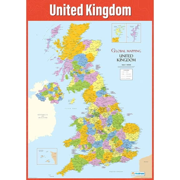 DayDream Education Map of the United Kingdom Poster, Extra Large A1 Laminated Paper (850 mm x 594 mm), Detailed Geography Classroom Wall Chart for Primary & Secondary School