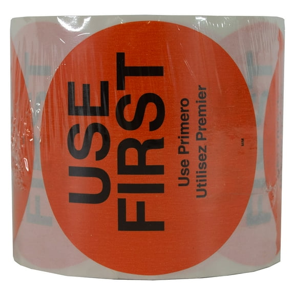 DayMark "USE FIRST" Trilingual Removable Label, 3" Circle, Orange (Roll of 500)