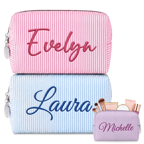 DayOfShe Personalized Makeup Bag Embroidered with Name Bridesmaids Proposal Gifts Wedding Gift,Custom Seersucker Travel Cosmetic Pouch Toiletry Bag Personalized Gifts for Women Girls Birthday