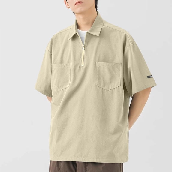 DayScoop Big & Tall T-Shirt for Men Solid Color T Shirt Summer Short Sleeve Casual Fashion Loose Pocket Zipper Turndown Collar Tops Plus Size
