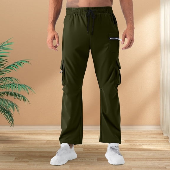 DayScoop Casual Pants for Men Fashion Slacks Solid Color Summer Drawstring Elastic Waist Pocket Zipper Pocket Full Length Trousers