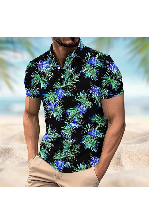 Casual T-Shirt for Men Summer T Shirt Big & Tall Fashion Short Sleeve Pullover Printed Button Turndown Collar Tops Tees Plus Size