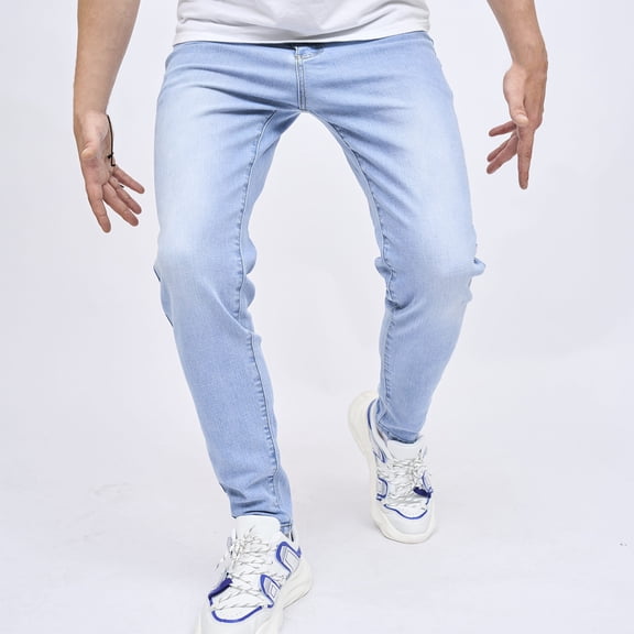 DayScoop Denim Pants for Men Fashion Jeans Summer Light Blue Zipper Wash Elastic Pocket Outdoors Trousers