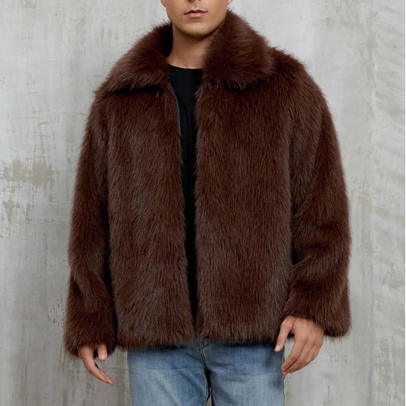 DayScoop Fall Outer Jacket for Men Long Sleeve Outerwear Winter Fashion Casual Warm Faux Furry Coat Solid Neck Tops