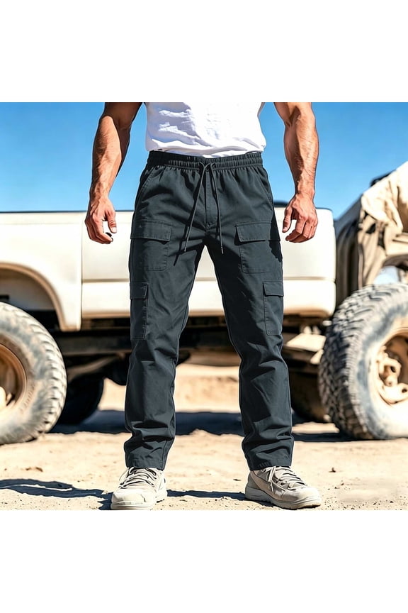 Fashion Pants for Men Casual Trousers Summer Solid Color Sport Pocket Zipper Elastic Waist Cargo Full Length Pants