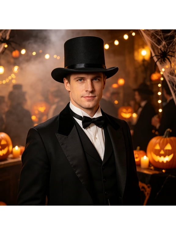 Mans Black Felt Top Hat, Satin B mal Tall Hat, Vintage Magician Costume Top Hat With Wide Brim, Halloween Party, Wedding, Stage Permance, Cosplay, Men’s Dress Up Accessory