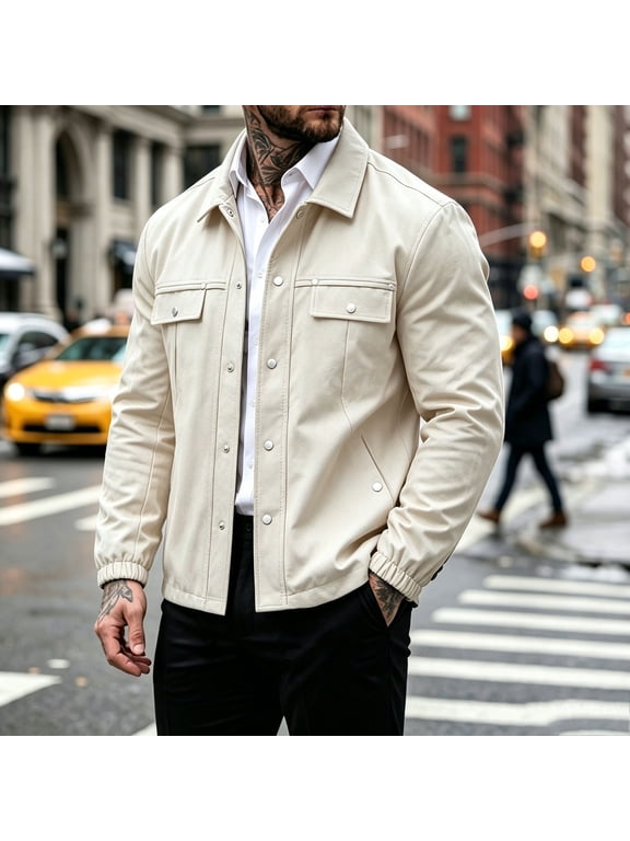 Mans Canvas Utility Field Jacket, Lapel Collar Long Sleeve Casual Outerwear, Solid Color Regular Fit Coat with Pockets for Daily Wear, Light Hiking and Casual Trips