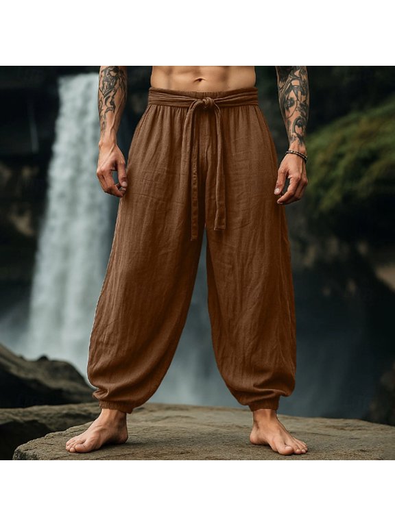Mans Pants Linen Blend Harem Pants Wrap Tie Waist Loose Baggy Fit Breathable Side Pockets Solid Color Casual Long Trousers