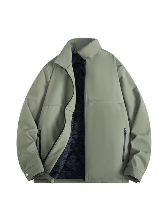 Mans Stand Collar Quilted Lined Jacket, Zip Up Windproof Outerwear with Zipper Pockets, Padded Coat for Fall Winter Daily Wear and Light Outdoor Activities