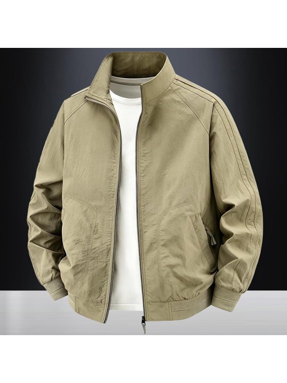 Mans Stand Collar Windproof Utility Jacket, Zip Up Long Sleeve Outerwear with Flap Pockets, Loose Fit Wind Resistant Coat for Spring Fall Daily Wear and Outdoor Strolls