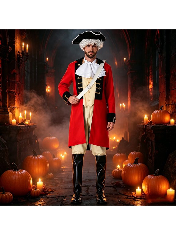 Men's Colonial Red Coat Revolutionary War Costume, Mens Historical Military Cosplay Outfit with Waistcoat, Cravat and Tricorn Hat, Mens Halloween Theme Costume for Reenactment