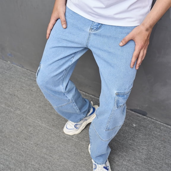 DayScoop Men's Fashion Denim Pants Summer Jeans Casual Light Blue Multi-pocket Zipper Wash Elastic Outdoors Trousers