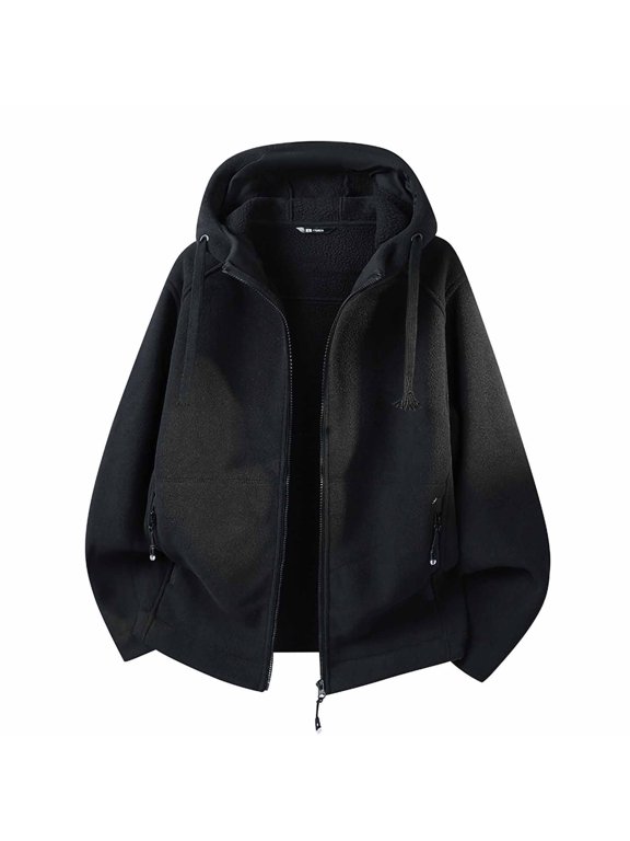 Men's Fleece Lined Hooded Jacket, Full Zip Long Sleeve Outerwear with Drawstring Hood, Zipper Side Pockets, Relax Fit Warm Coat for Daily Wear, Casual Outings