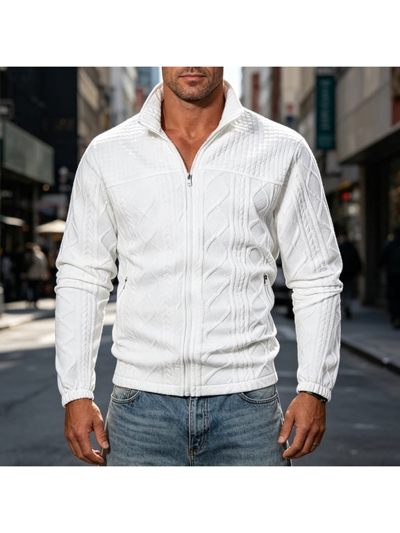 Men's Full Zip Knit Jacket, Stand Collar Long Sleeve Outerwear, Cable Textured Fabric, Side Zipper Pockets, Elastic Cuffs, Warm Knit Tops City Walking And Cool Weather Occasions