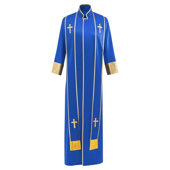 DayScoop Men's Halloween Black Pastor Robe with Gold Trim Cross Pattern Religious Priest Cosplay Outfit for Theme Costume Party
