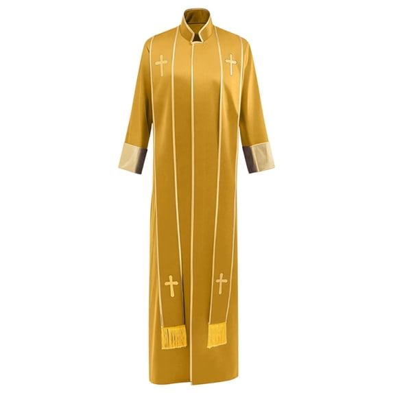 DayScoop Men's Halloween Black Pastor Robe with Gold Trim Cross Pattern Religious Priest Cosplay Outfit for Theme Costume Party