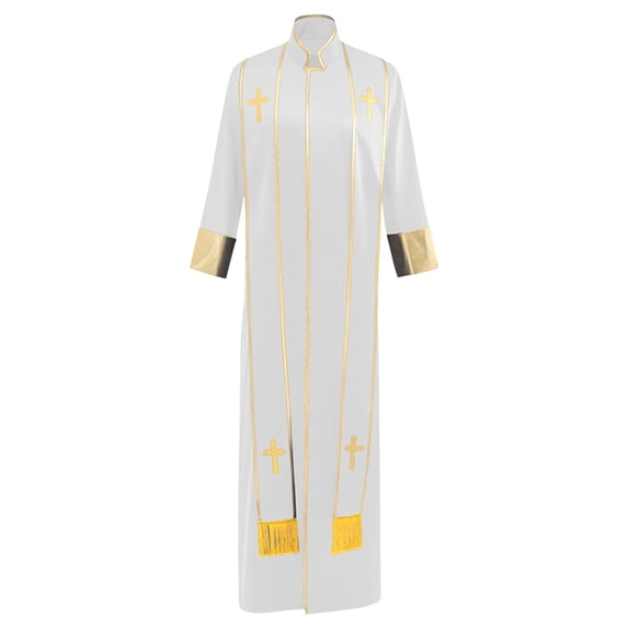 DayScoop Men's Halloween Black Pastor Robe with Gold Trim Cross Pattern Religious Priest Cosplay Outfit for Theme Costume Party
