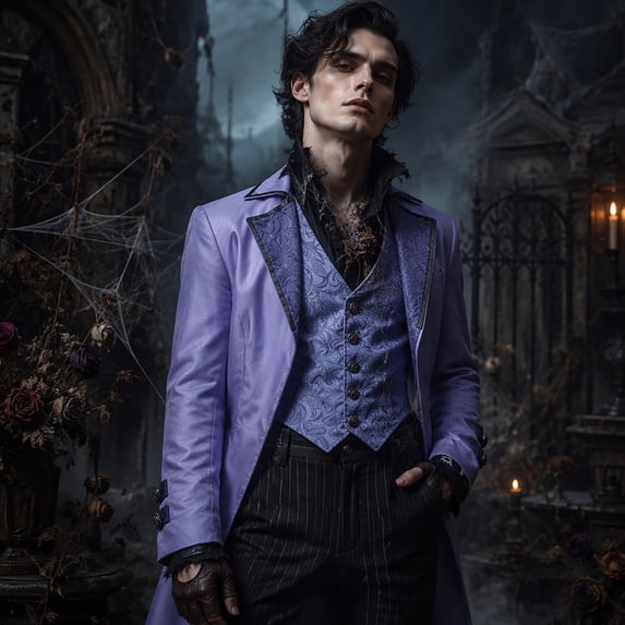 DayScoop Men's Halloween Lavender Long Coat with Matching Vest Gothic Vampire Noble Character Cosplay Outfit for Party Dress Up
