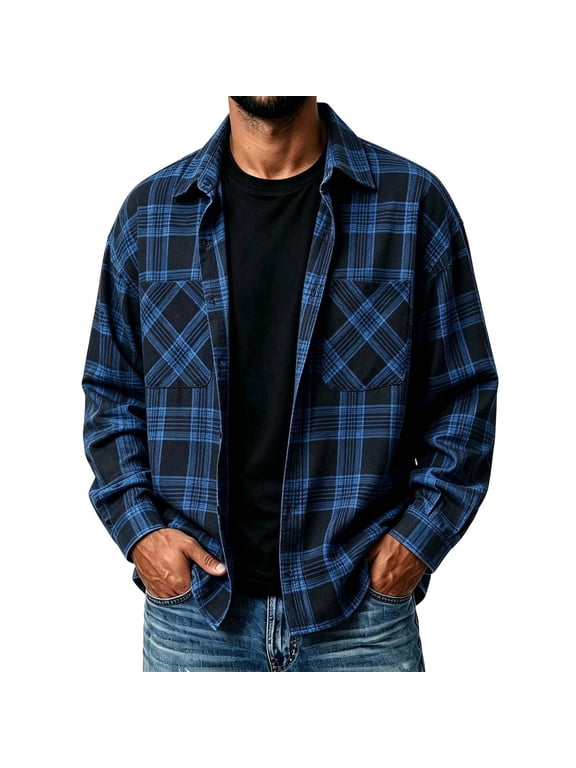 Men's Oversized Plaid Flannel Long Sleeve Shirt, Button Front Casual Outer Layer, Versatile Daily Wear for Autumn Winter Casual Scenarios