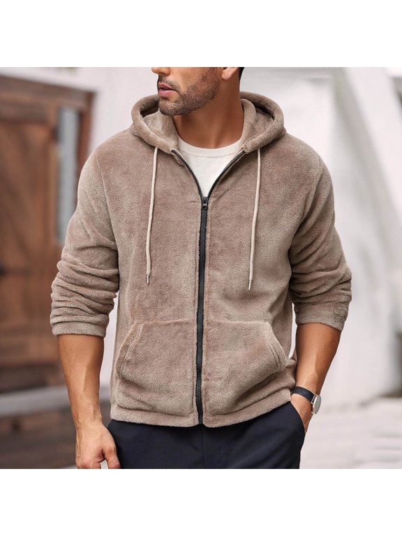 Men's Plush Fleece Full Zip Hoodie Jacket Kangaroo Pocket and Drawstring Hood, Long Sleeve Sherpa Coat for Warm Casual Wear and Lounging
