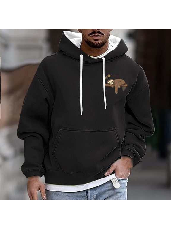 Men's Pullover Hoodie Sloth Chest Graphic and Contrast Hood Lining, Long Sleeve Sweatshirt for Casual Lounging and Daily Wear