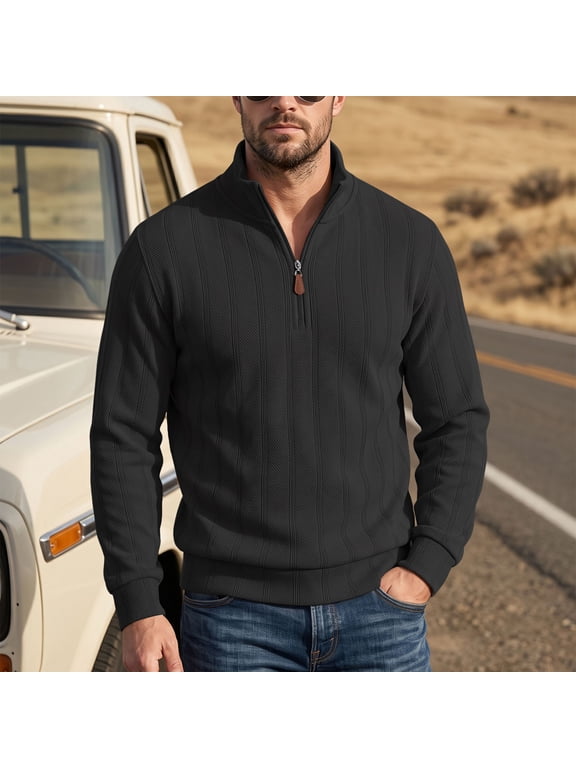 Men's Quarter Zip Sweater, Stand Collar Vertical Rib Knit Pullover, Long Sleeve Knitted Top With Leather Zipper Pull, Ribbed Cuffs And Hem, Warm Knitwear Cool Weather Daily Wear